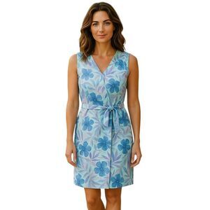 Kiko Comfortable Dress Women's Size M Maxi Blue Floral  100% Linen V-Neck #77